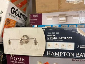 Hampton Bay Marsden 5-piece bath set includes a 3-light brushed nickel vanity fixture