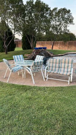 6-Piece Patio Furniture Set – 40” Glass Table, 4 Chairs & Glider Loveseat  Price  $375 OBO