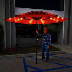 New In Box HOMSHADE 9 Feet 3 Tier Outdoor Patio Market Umbrella With Solar Powered LED Lights UV Protected Fabric Stand NOT Included 
