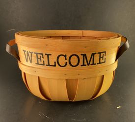 Bushel-Type Accent Basket With Leather Straps & Word “Welcome” NEW Condition