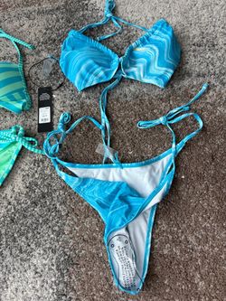 Blue Wave Print Tie Bikini Set