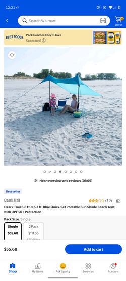 Ozark Trail 6.8 ft. x 6.7 ft. Blue Quick-Set Portable Sun Shade Beach Tent, with UPF 50+ Protection