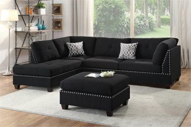 Reversible Sectional Set with Ottoman- Linen-Like Black Color