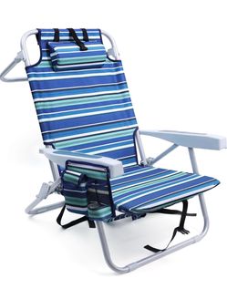 Folding Beach Chair with Headrest and Cup Holder