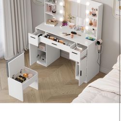 Vanity Desk with LED Lighted Mirror, Makeup Vanity Set with Charger Station and Chair, White Vanity Table with Drawer Dresser, Adjustable 3 Lighting M