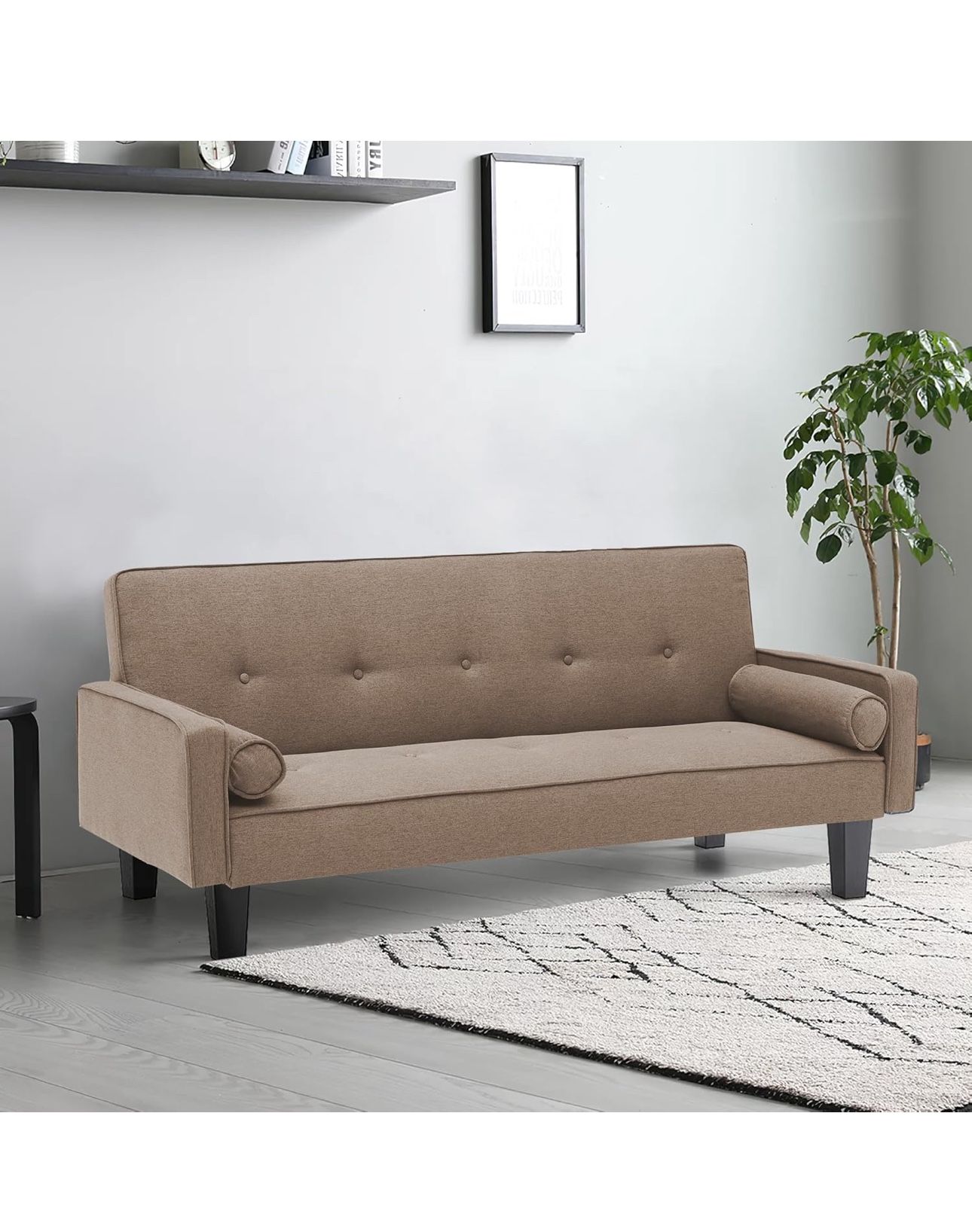 Upholstered Convertible Futon Sofa Bed Fabric Modern Futon Couch for Compact Living Room Apartment (Brown)
