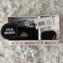 Steve Madden Black & Gold Wallet + Coin Pouch Keychain Gift Set (New in Box)