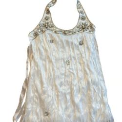 New Bebe Vintage Y2K White Halter Rhinestone Fringe Dress M