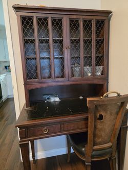 Vintage Wood Secretary Desk with Glass Hutch & Matching Chair