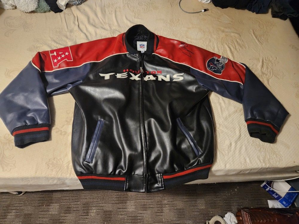 NFL HOUSTON TEXANS LEATHER JACKET SIGNED BY ANDRE JOHNSON WR TEXANS