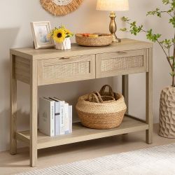 Rattan Console Table for Entryway - Boho Entryway Table with Storage and Drawers, Small Entry Tables for Hallway Behind Couch Table Sofa Table