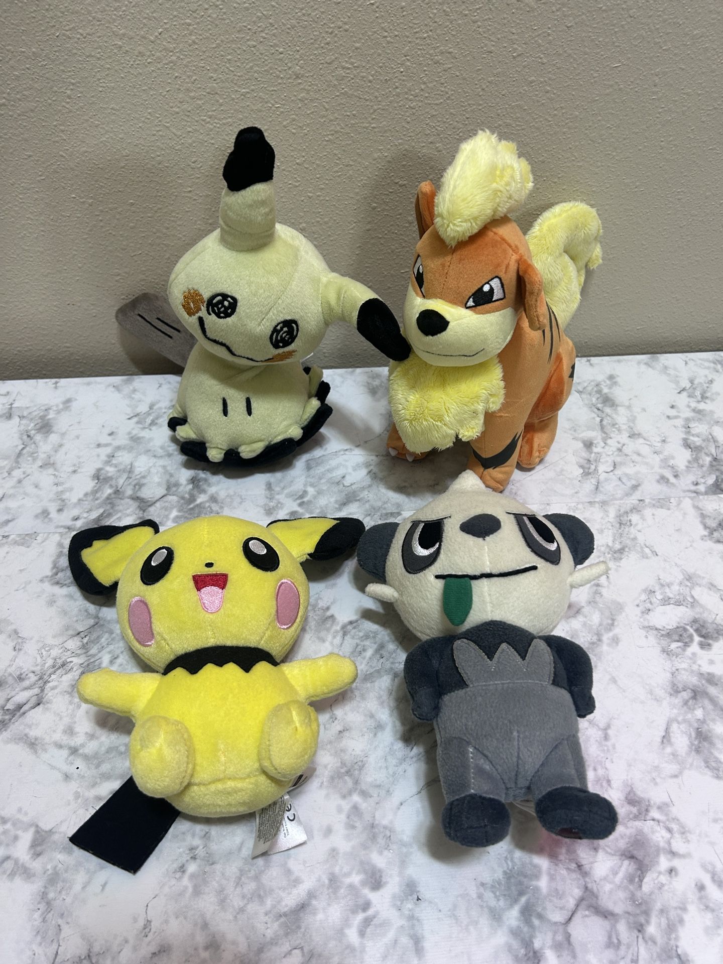 Tomy Pokeman Plushies 4 Pichu Pancham Mimikyu Growlithe Toys Soft Stuffed Anime
