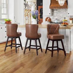 26 in. Dark Brown Solid Wood Frame Counter Stool with Back Faux Leather Upholstered Swivel Bar Stool Set of 3