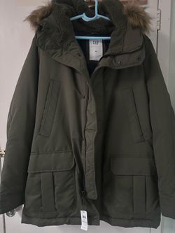 Mens GAP Faux Fur winter Jacket zip up XL, olive dark green
