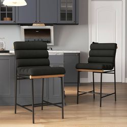 Set of 2 25 Inch Counter Height Bar Stools, Black Linen Upholstered Modern Bar Chairs With Thick Tufted Back & Black Metal Legs, Counter Stools for Ki