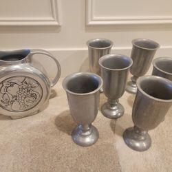 Vintage Wilton Pewter ARMETALE FRUIT AND RIBBONS PITCHER & 6 Goblets

