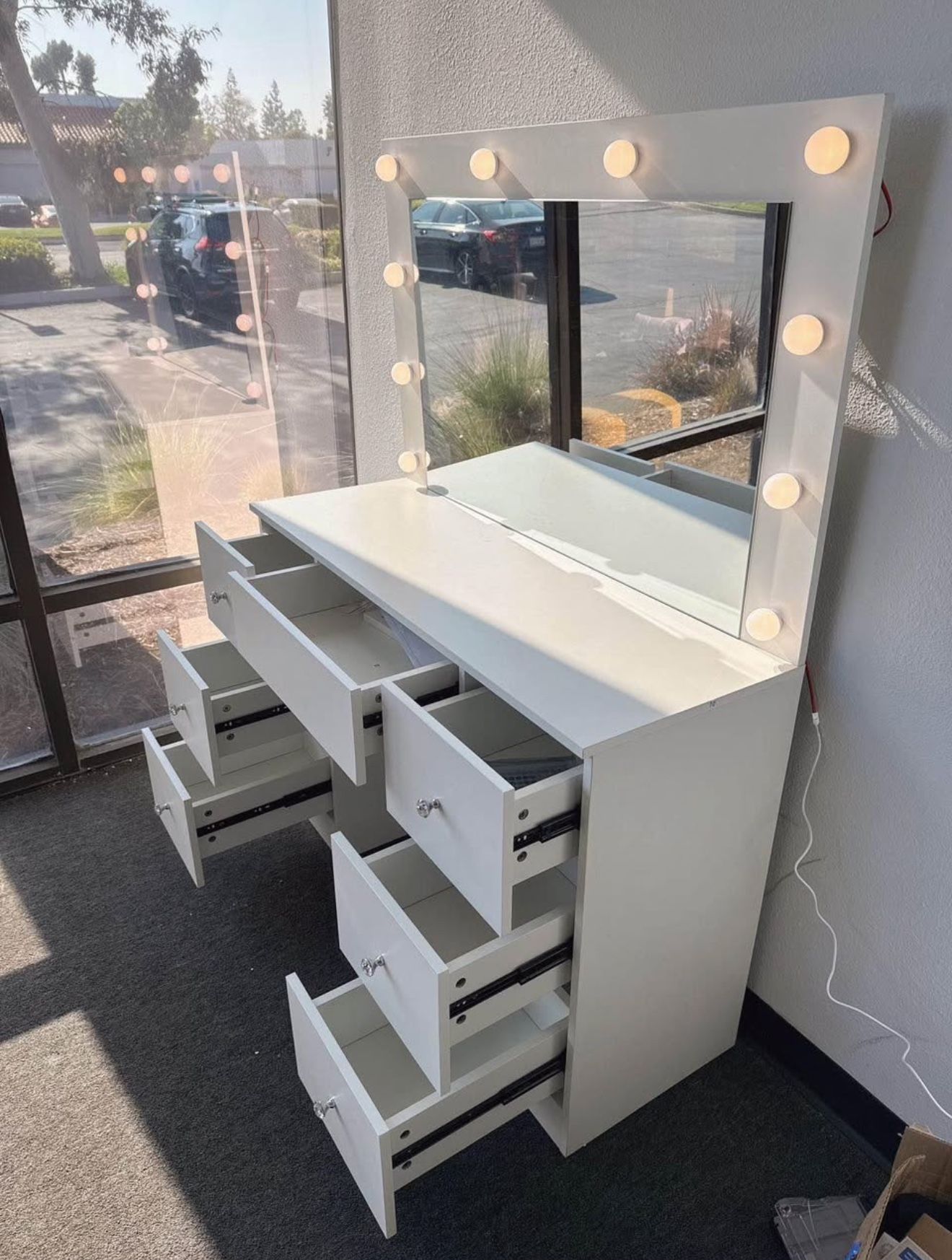 47 inch Vanity Table With mirror Hollywood light 7 drawers