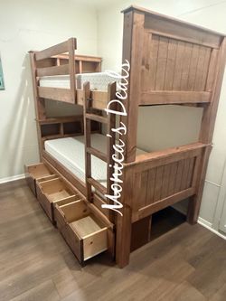 Solid Wood Twin Bunk Bed With 3 Drawers And Memory Foam Mattresses $1,100