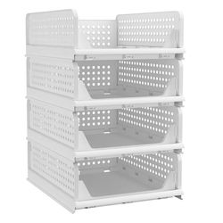 Pinkpum Stackable Plastic Storage Basket-Foldable Closet Organizers and Storage Bins 4 Pack-Drawer Shelf Storage Container for Wardrobe Cupboard Kitch