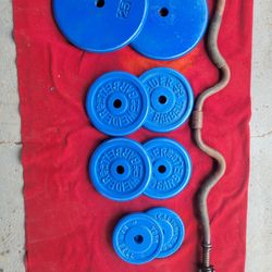 1" HOLE  EZCURL BAR   WITH. 100LBs.  
2-25s.  4-10s  2-5s 
11525 S HALSTED DUNKIN DONUTS/
7111.S WESTERN WALGREENS 
90$  CASH ONLY AS IS 