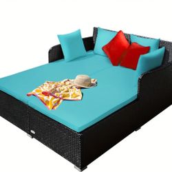 1 Set Outdoor Rattan Daybed, Patio Daybed With Spacious Seat, Cushion & High-Resilience Sponge, Wicker Patio Sofa Set With Pillows For Courtyard Pools