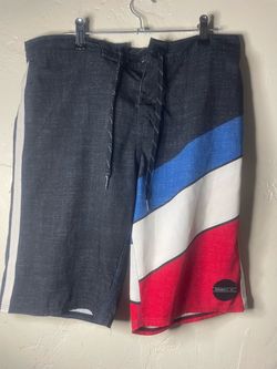 O'Neill Mens Size 30 Board Shorts Gray Blue White Red Striped Drawstring Pocket