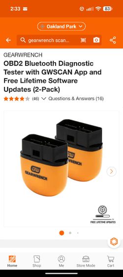 GEARWRENCH
OBD2 Bluetooth Diagnostic Tester with GWSCAN App and Free Lifetime Software Updates