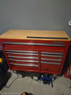 Husky 42 Inch 10-Drawer Workbench Red Cabinet With Solid Wood Top