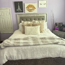 Like New Silver Queen Bed Set and Wall Pictures 