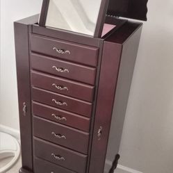 Mirror Wooden Jewelry Cabinet, 7 Drawers, 14 Necklace Hook, 2 Swing Doors (used) 