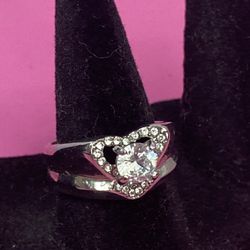 Heart Ring, Silver Plated, White Crystals