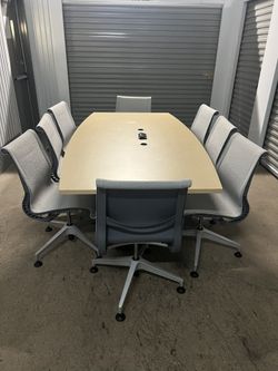 Conference Table 86”x 44  With Electric Power And 8 Herman Miller Setu Chairs