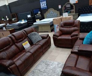 Memorial Day sale. Santiago Brown, leather reclining sofa and loveseat set only $1199. Easy finance option. Same-day delivery.