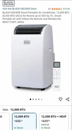 NEW-NO BOX-BLACK+DECKER Smart Portable Air Conditioner, 12,000 BTU (8,350 BTU SACC) for Rooms up to 550 Sq. Ft., Smart Portable AC with Follow Me Remo