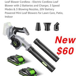 New Leaf Blower Cordless Electric Blower with 2 Batteries and Charger, 3 Speed Modes & 3 Blowing Nozzles, 20V Battery Powered Mini Leaf Blowers for La
