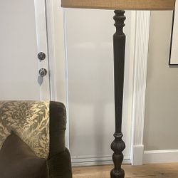 Antique 6 Ft Carved Wood Floor Lamp With Linen Shade