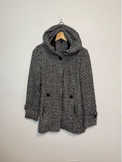 George Hooded Pea Coat Jacket Womens  XS Black White Herringbone Tweed Button Up