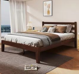 Mid Century Pine Walnut Brown Solid Wood Frame Queen Size Platform Bed with Headboard