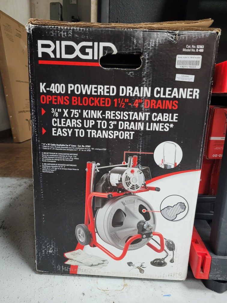 RIDGIDK 400 Drain Cleaning Snake Auger 120 Volt Drum Machine with C 32IW 3/8 in. x 75 ft. Cable + 4 Piece Tool Set & Gloves Electrical equipment & Supplies
