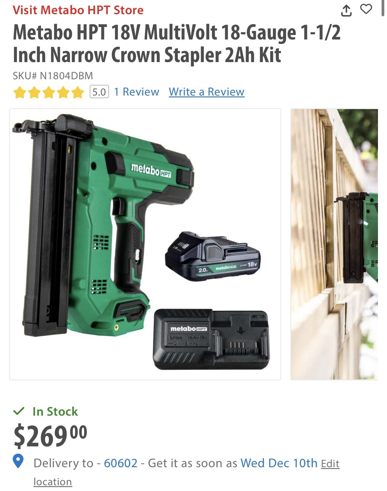 Metabo HPT 18V MultiVolt 18-Gauge 1-1/2 Inch Narrow Crown Stapler 2Ah Kit N1804DBM