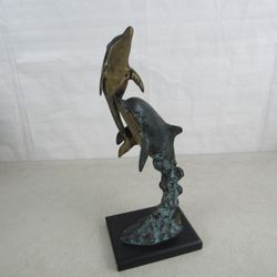 SPI Gallery Solid Brass Mom & Baby Dolphins Art Sculpture 13" Tall


