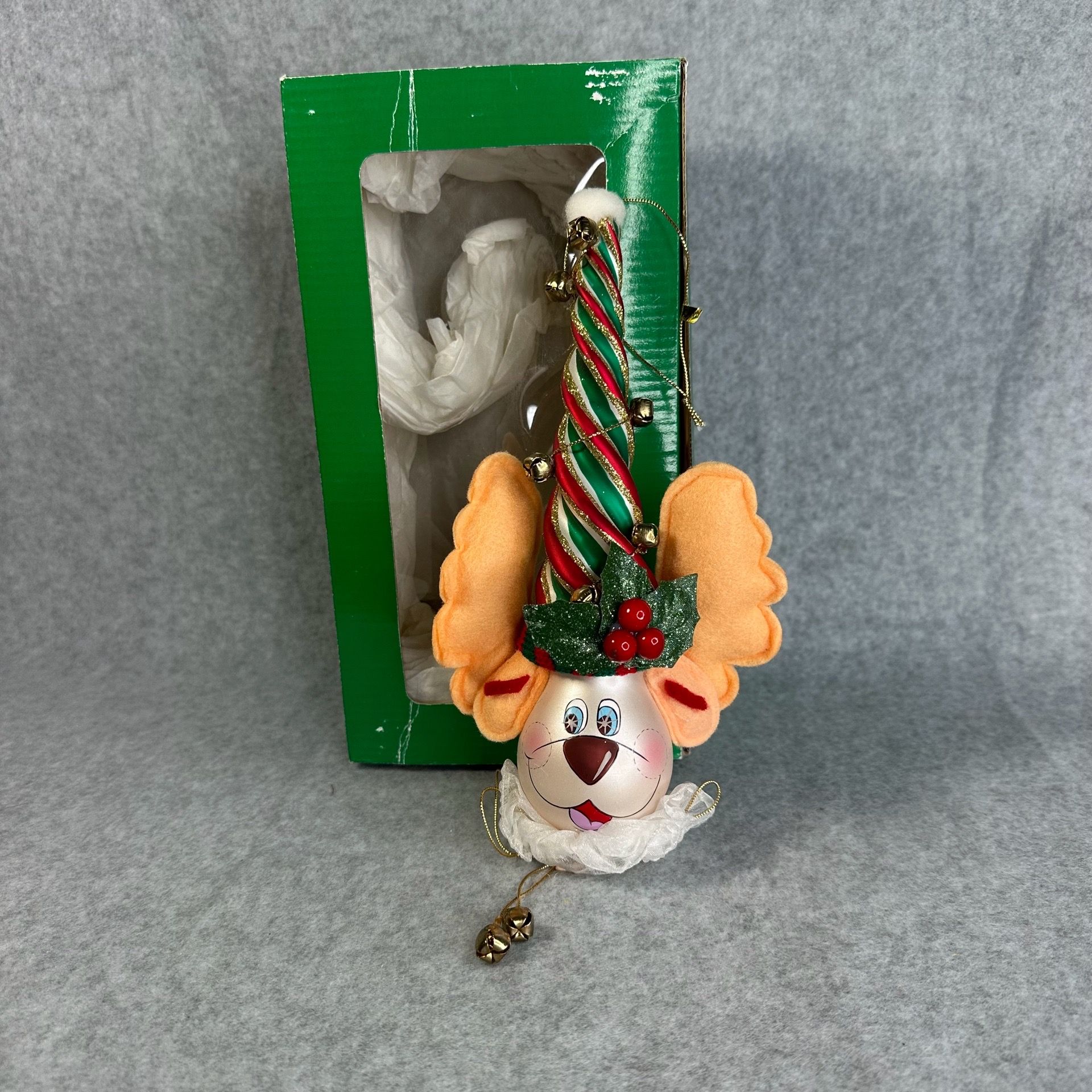 Blown Glass Reindeer Head Christmas Ornament Swirl Santa Hat Holly Glass 8.5"