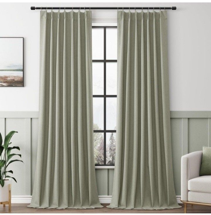 Sage Green 100% Blackout Pinch Pleated Linen Curtains 96 Inches Long for Living Room Bedroom Pinch Pleat with Hooks Back Tab Linen Drapes Thermal #102