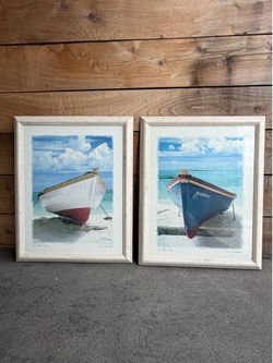Pair of Framed Coastal Boat Prints – Le Bateau Blanc & Le Bateau Bleu