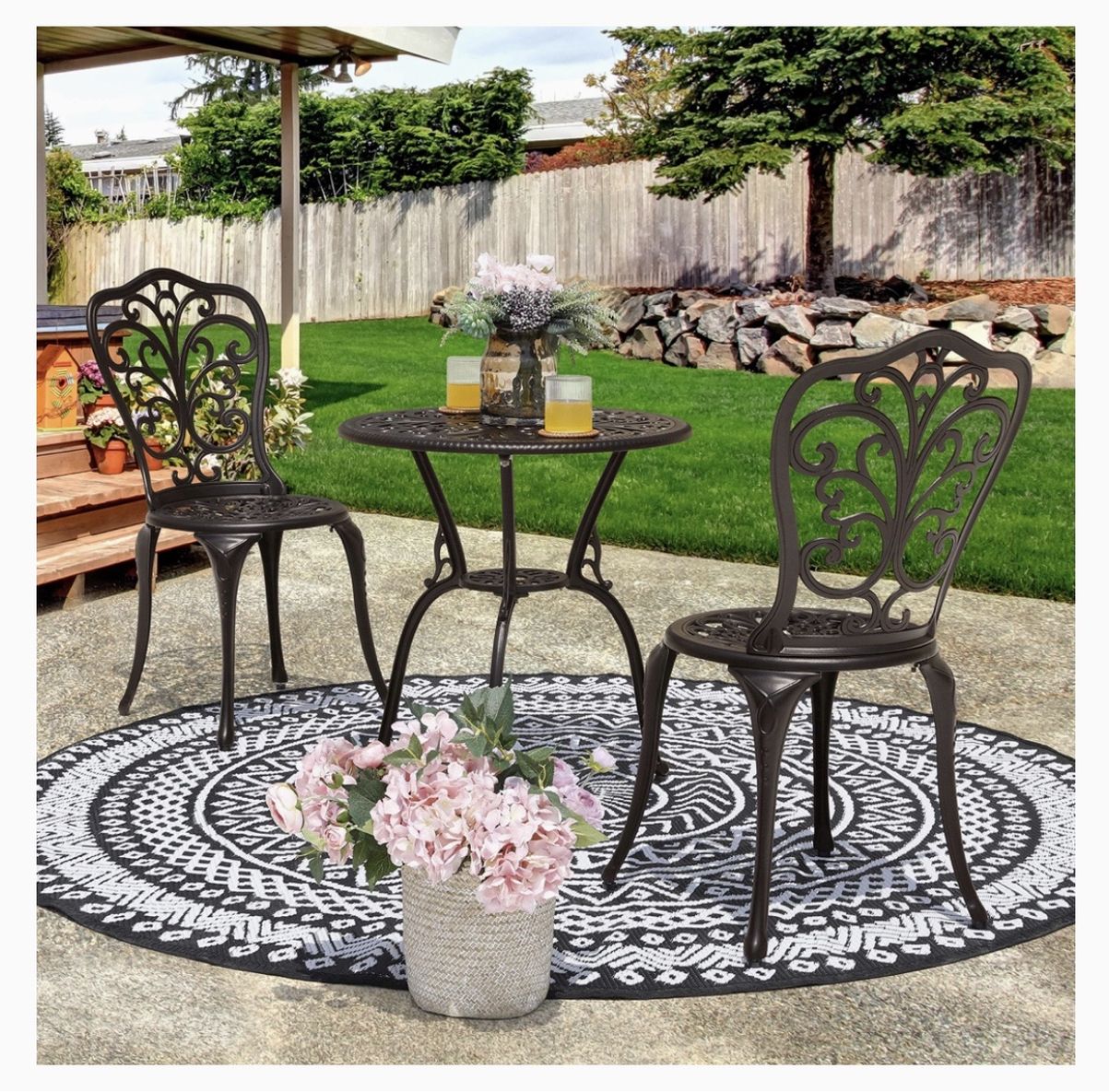 3-Piece Cast Aluminum Patio Bistro Sets Antique Copper Finish Outdoor Furniture with Rust-Resistant Small Round Table and 2 Chairs for Porch, Lawn, Ga