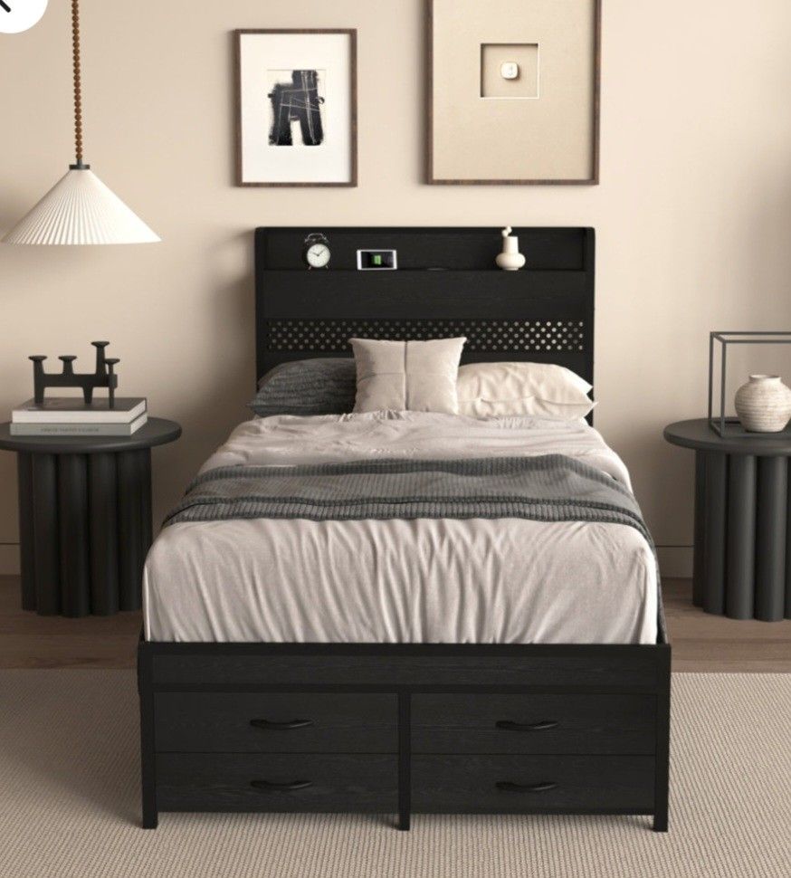 Twin Bed Frame with Storage Drawers + Headboard (Black) — $150 OBO