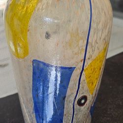 Iridescent Fused Abstract Art Glass Vase 8"H, 4" Diameter 