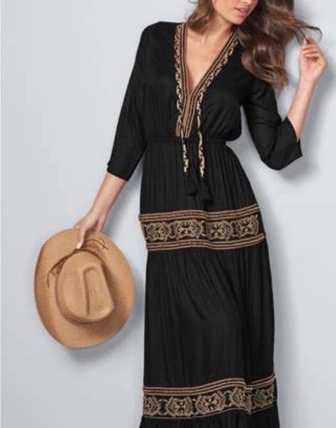 Venus Black Embroidered Boho Maxi Dress