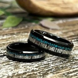 Men's 8mm Tungsten Deer Antler Crushed Turquoise Comfort-Fit Engagement Wedding Band 12