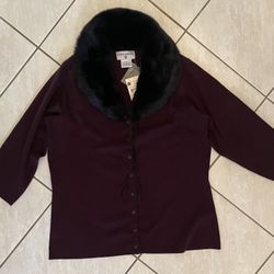 Kathy Ireland Women’s X Plum Cardigan With Detachable Faux fur Collar 3/4 Sleeve